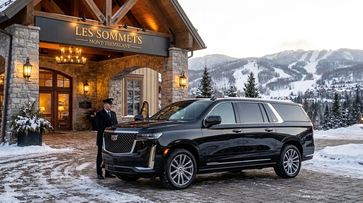 VUS de première classe Cadillac Escalade devant un complexe à Mont-Tremblant