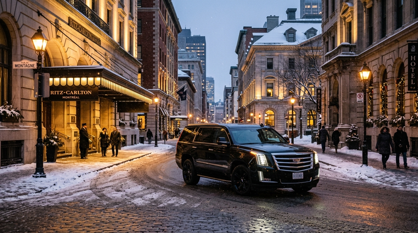 Véhicule de luxe noir avec chauffeur devant le Ritz-Carlton Montréal sur la rue de la Montagne en hiver