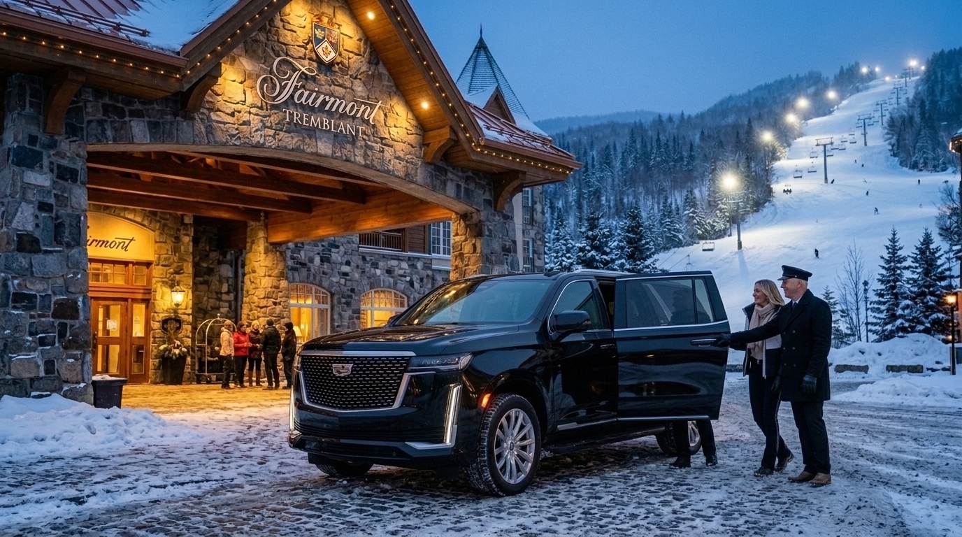 Accueil haut de gamme par chauffeur privé à l'entrée du Fairmont Mont-Tremblant