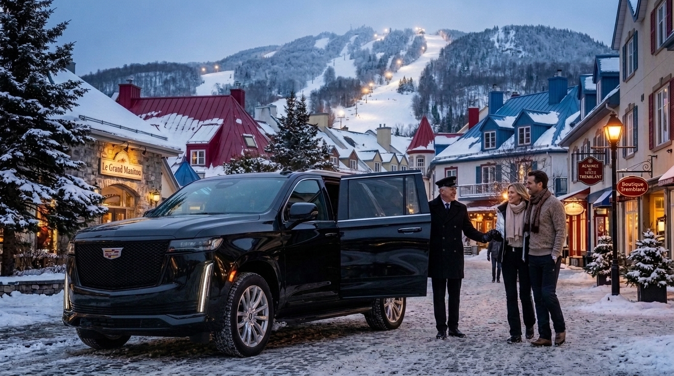 Vue panoramique de Mont-Tremblant avec ses chalets alpins sous la neige