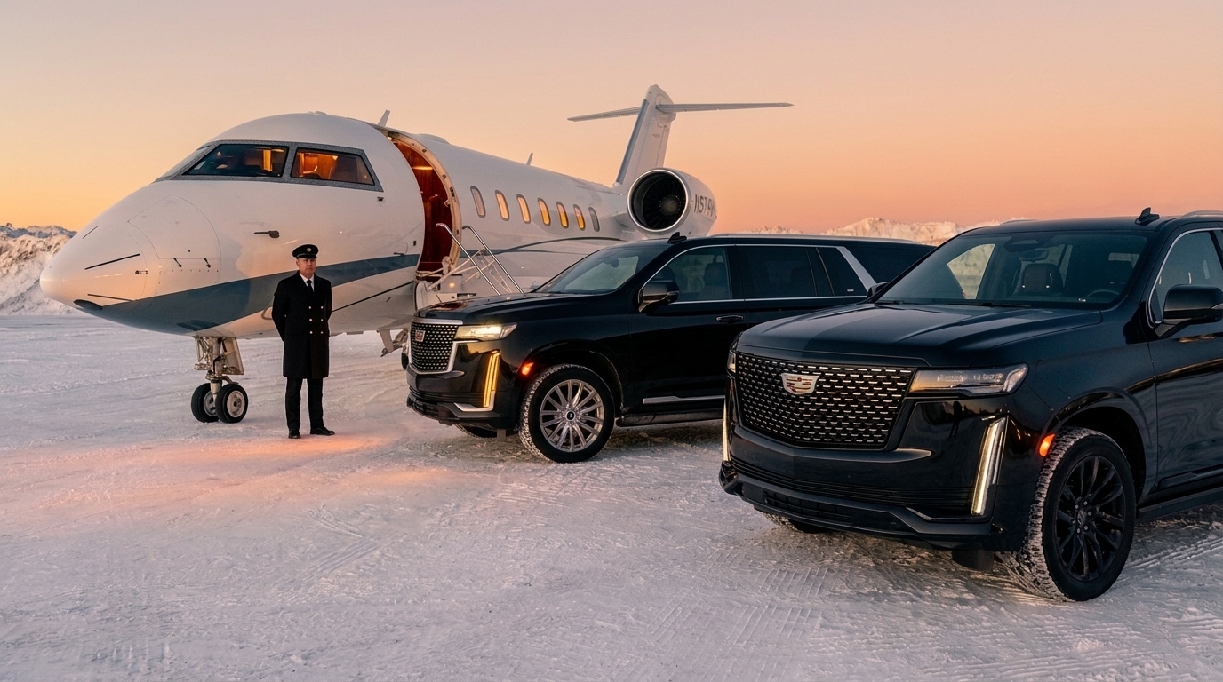 Two Cadillac Escalades parked next to a private jet on the snowy tarmac at Mont-Tremblant Airport La Macaza