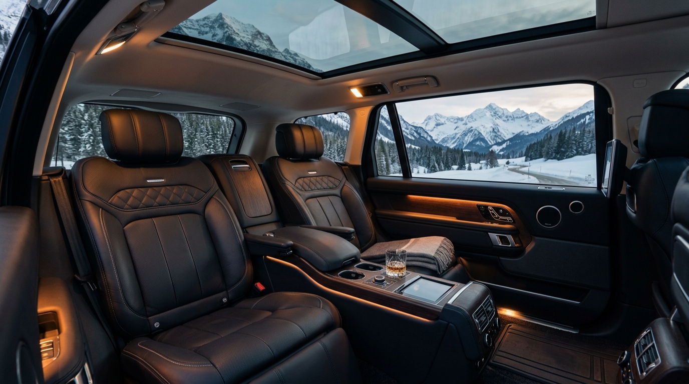 Spacious leather interior of executive luxury vehicle with mountain view