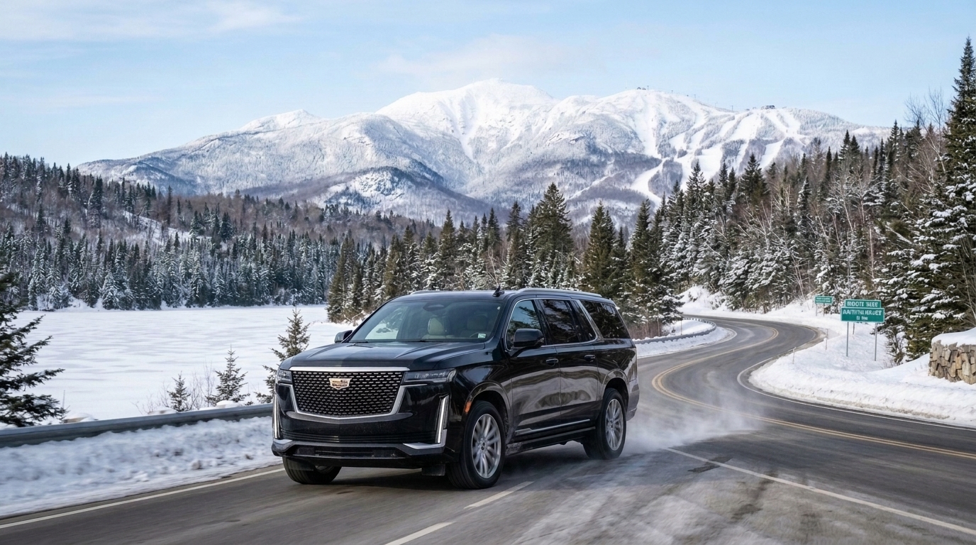 VUS Escalade noir de luxe sur la montée Ryan en direction de Mont-Tremblant en hiver