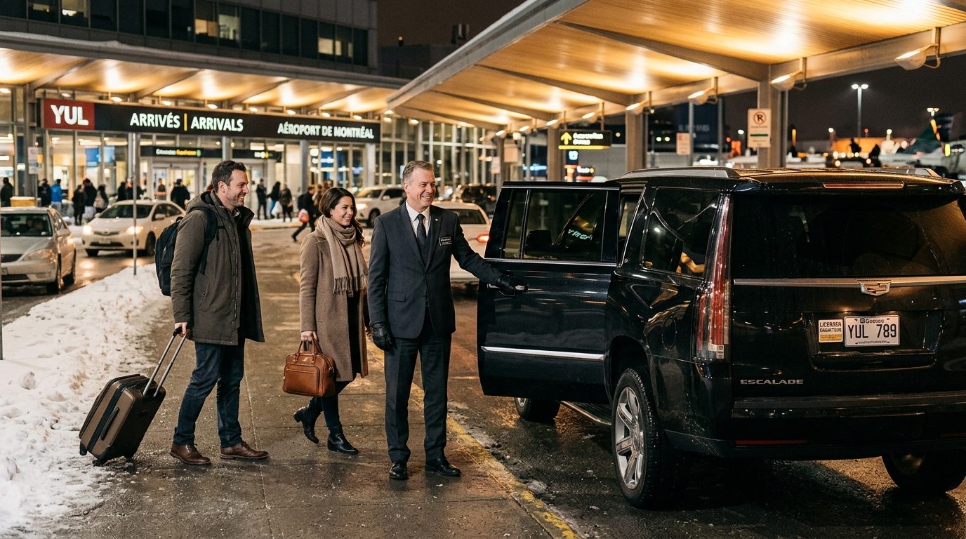 Luxury black chauffeur SUV staged outside Montreal Trudeau Airport YUL